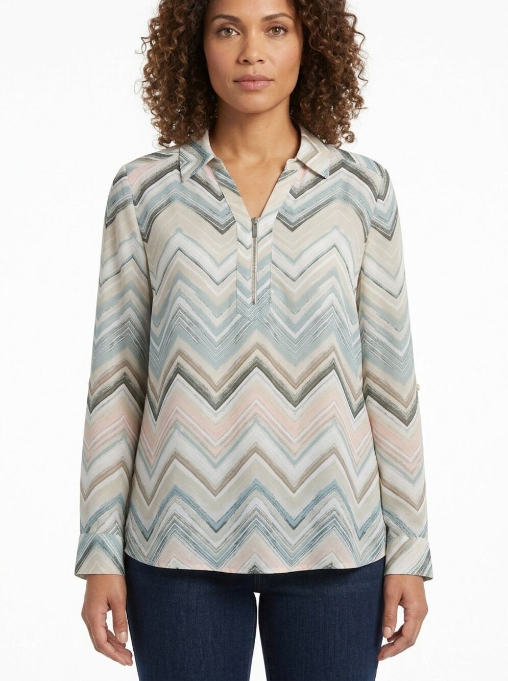 Chico's Collared Chiffon Half Zip Lightweight Blouse Women Size 1
